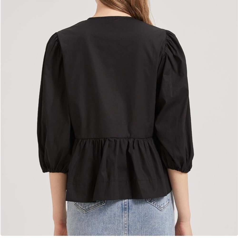 Elegant Black Y2K Peplum Babydoll Tie Front 3/4 Puff Sleeve Women's Top Sz Med - Picture 2 of 4